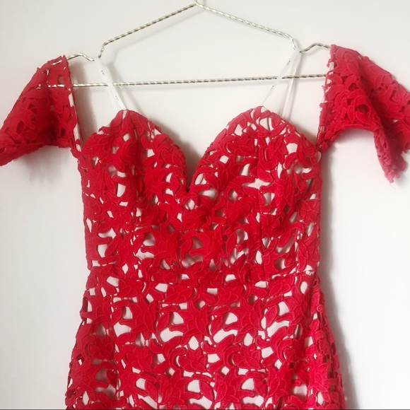 J.O.A. Off The Shoulder Lace Dress in Red - Picture 6 of 7
